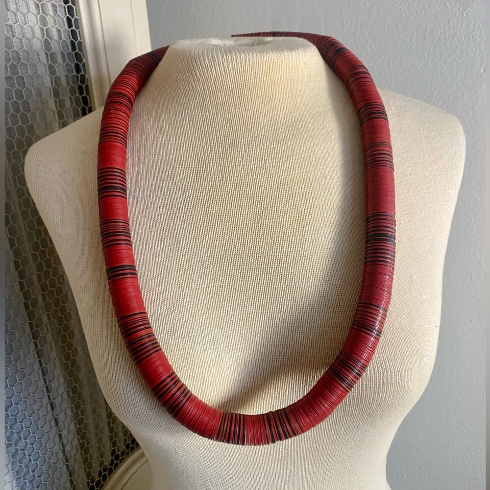 28" Strand Large African Vintage Vinyl Record Disc Beads Red & Black